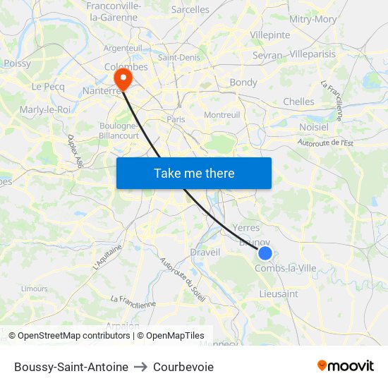 Boussy-Saint-Antoine to Courbevoie map