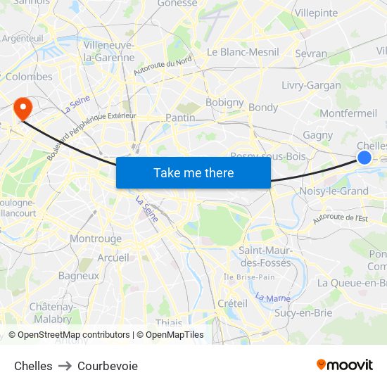 Chelles to Courbevoie map