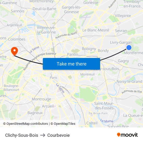 Clichy-Sous-Bois to Courbevoie map