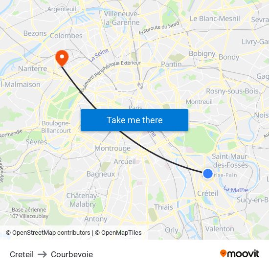 Creteil to Courbevoie map