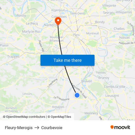 Fleury-Merogis to Courbevoie map