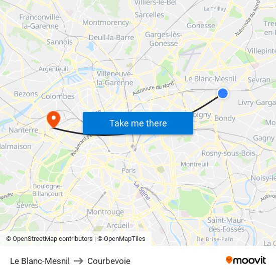 Le Blanc-Mesnil to Courbevoie map