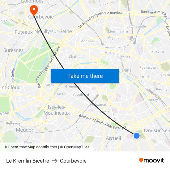 Le Kremlin-Bicetre to Courbevoie map