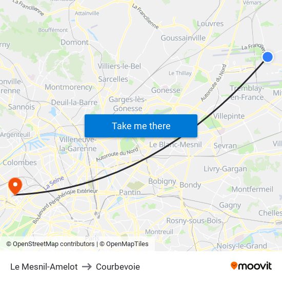 Le Mesnil-Amelot to Courbevoie map