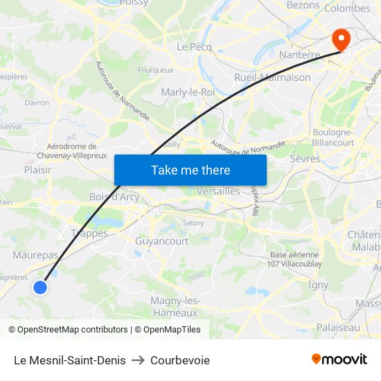 Le Mesnil-Saint-Denis to Courbevoie map