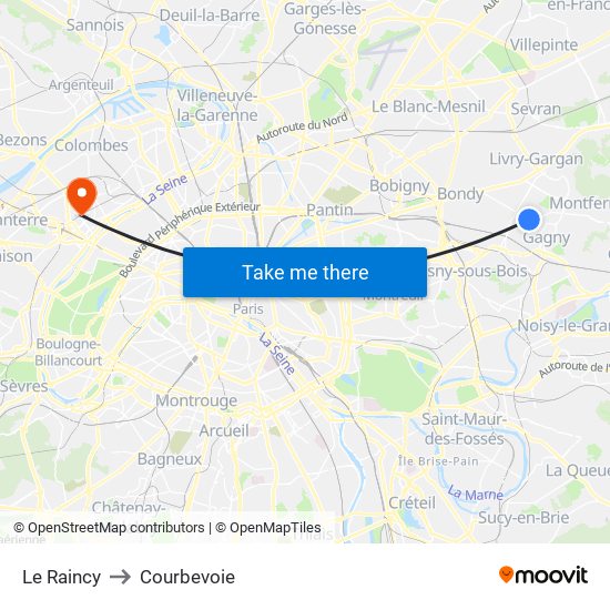 Le Raincy to Courbevoie map