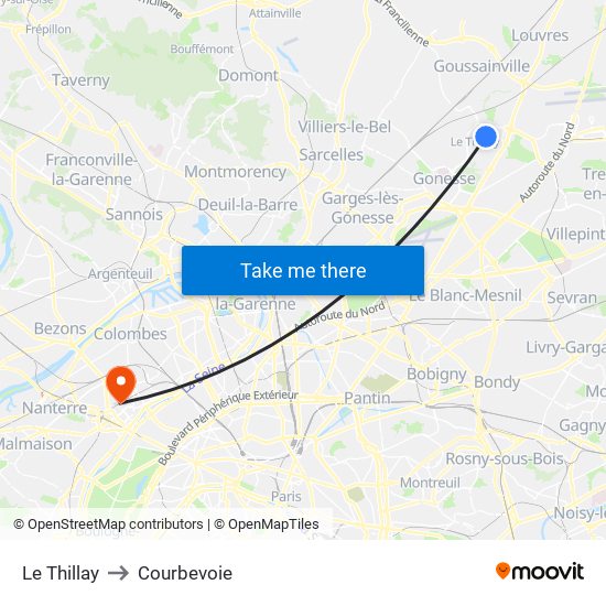 Le Thillay to Courbevoie map