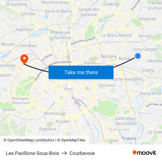 Les Pavillons-Sous-Bois to Courbevoie map