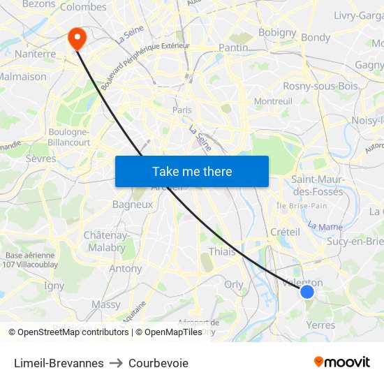 Limeil-Brevannes to Courbevoie map