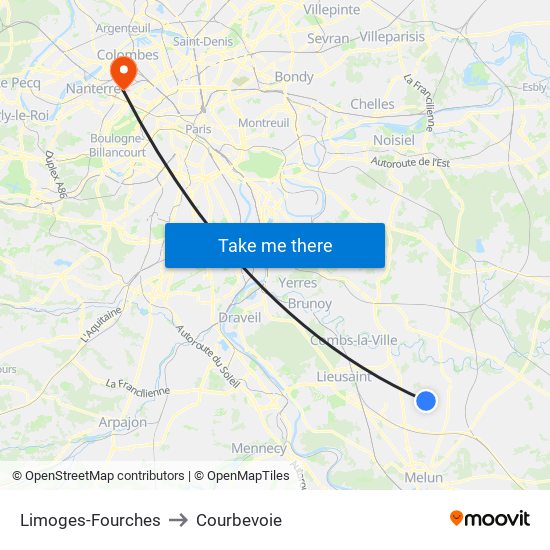 Limoges-Fourches to Courbevoie map