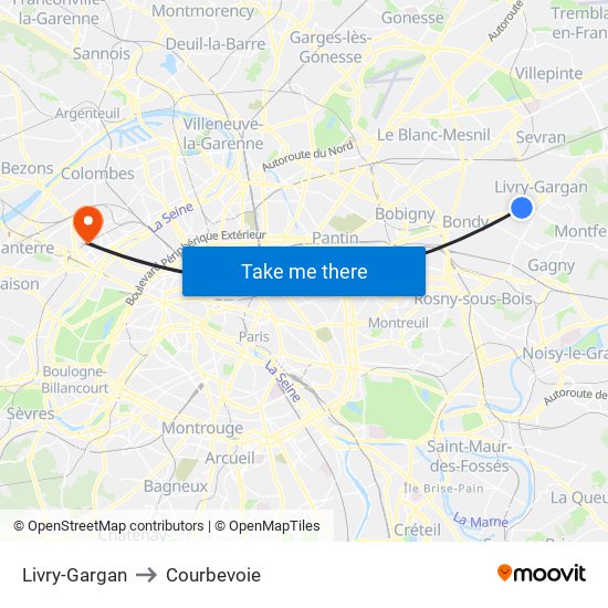 Livry-Gargan to Courbevoie map