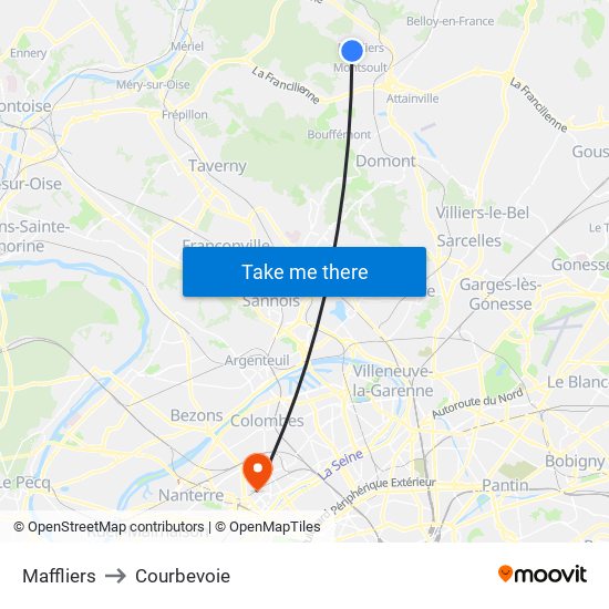 Maffliers to Courbevoie map