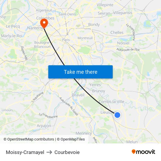 Moissy-Cramayel to Courbevoie map