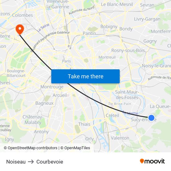 Noiseau to Courbevoie map