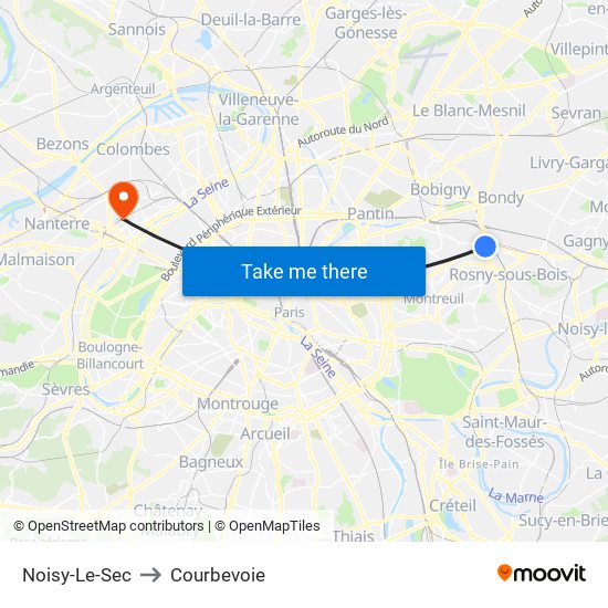 Noisy-Le-Sec to Courbevoie map