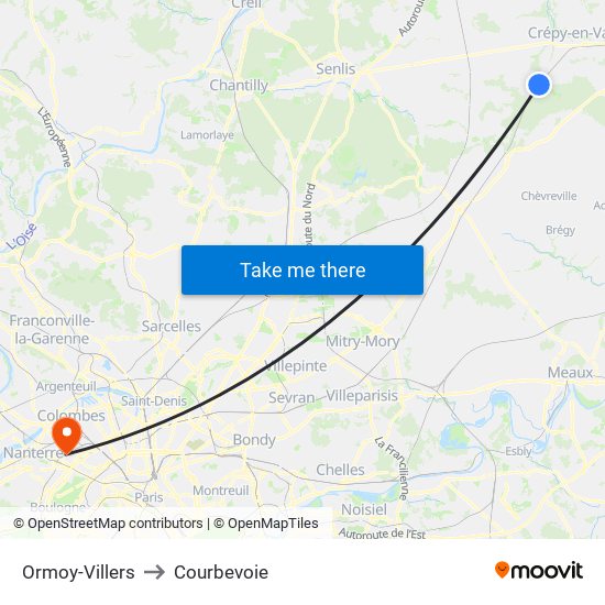 Ormoy-Villers to Courbevoie map