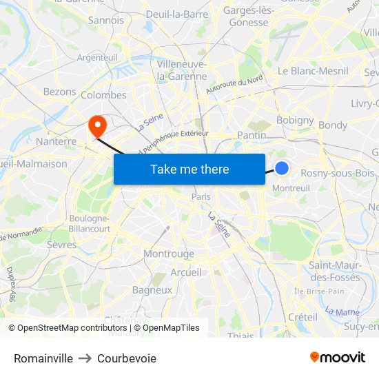 Romainville to Courbevoie map