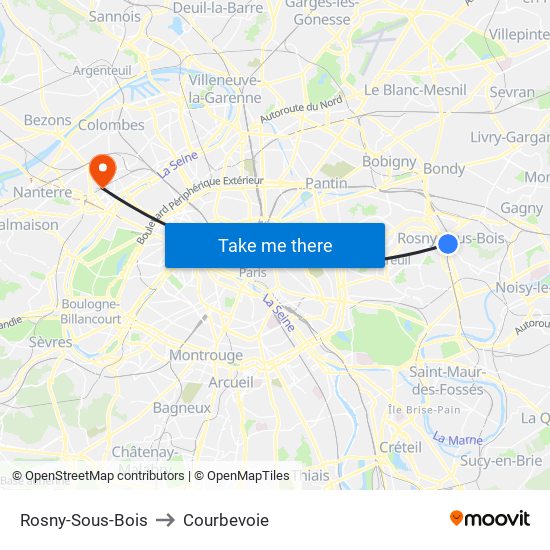 Rosny-Sous-Bois to Courbevoie map