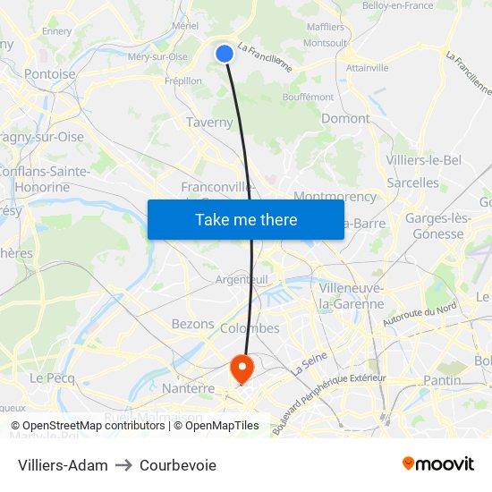 Villiers-Adam to Courbevoie map