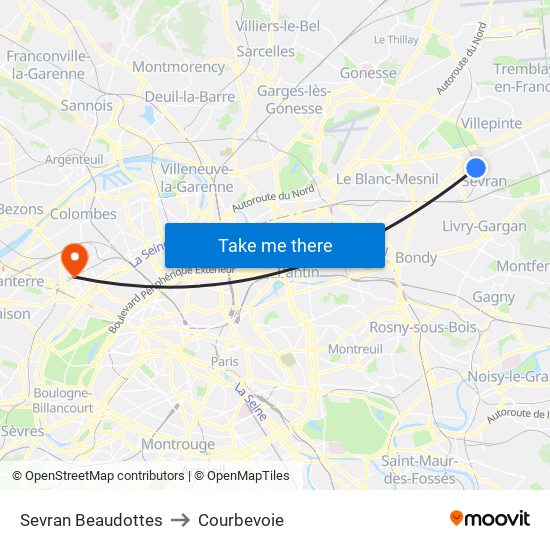 Sevran Beaudottes to Courbevoie map