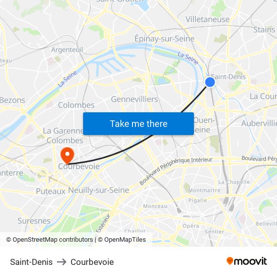 Saint-Denis to Courbevoie map