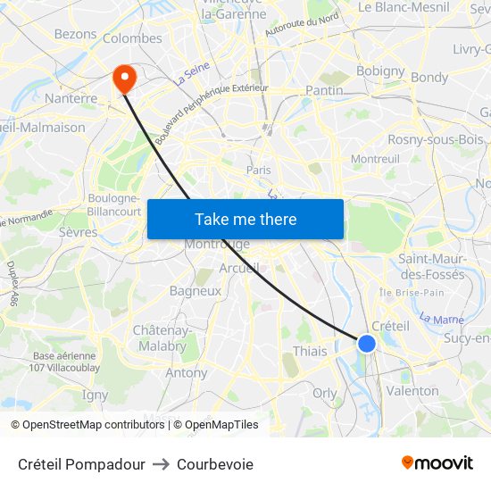 Créteil Pompadour to Courbevoie map