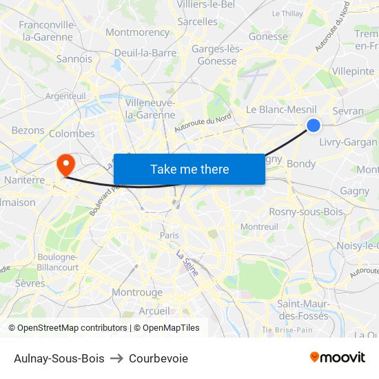 Aulnay-Sous-Bois to Courbevoie map