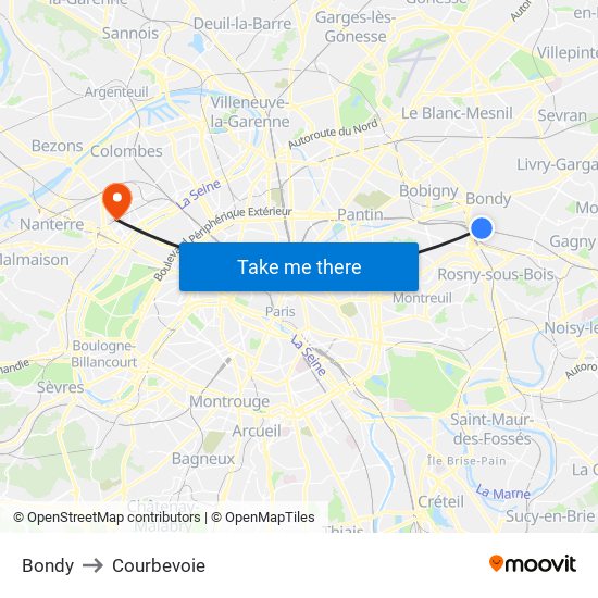 Bondy to Courbevoie map