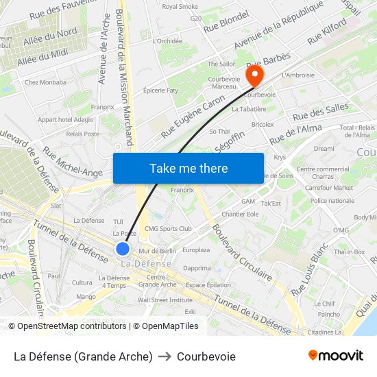 La Défense (Grande Arche) to Courbevoie map