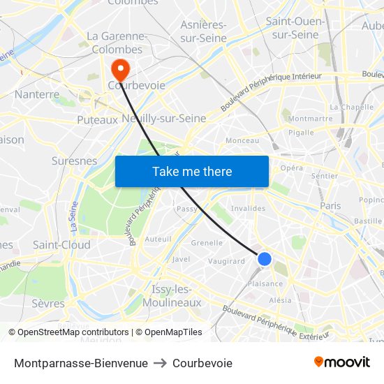 Montparnasse-Bienvenue to Courbevoie map