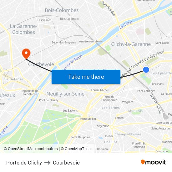 Porte de Clichy to Courbevoie map