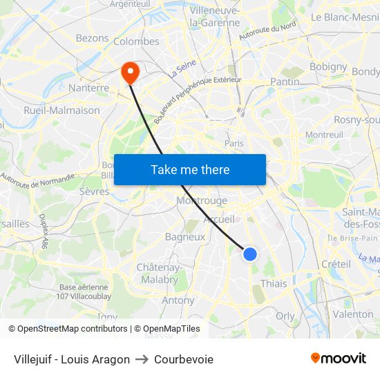 Villejuif - Louis Aragon to Courbevoie map