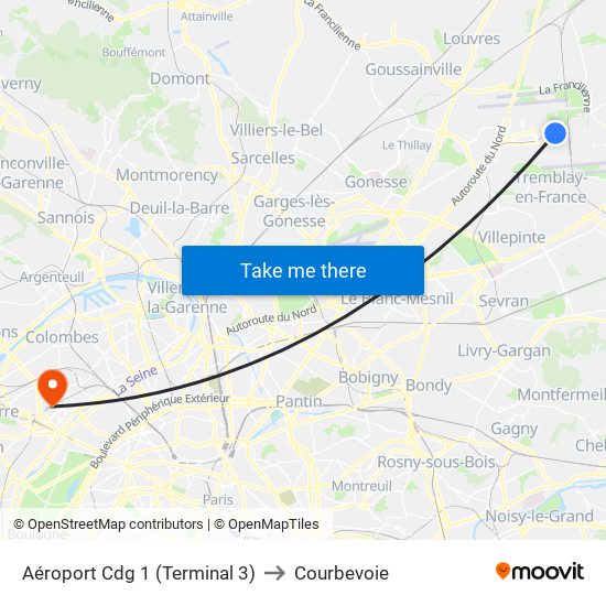 Aéroport Cdg 1 (Terminal 3) to Courbevoie map