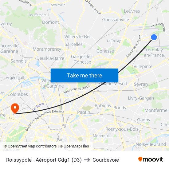 Roissypole - Aéroport Cdg1 (D3) to Courbevoie map