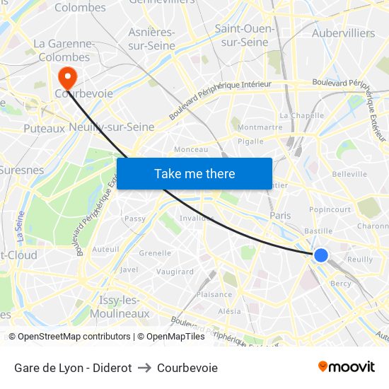 Gare de Lyon - Diderot to Courbevoie map