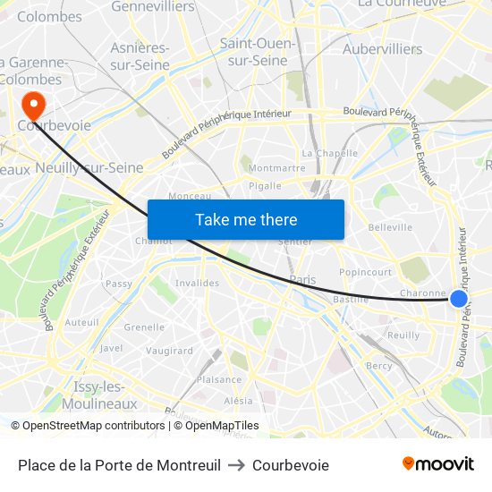 Place de la Porte de Montreuil to Courbevoie map