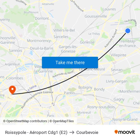 Roissypole - Aéroport Cdg1 (E2) to Courbevoie map