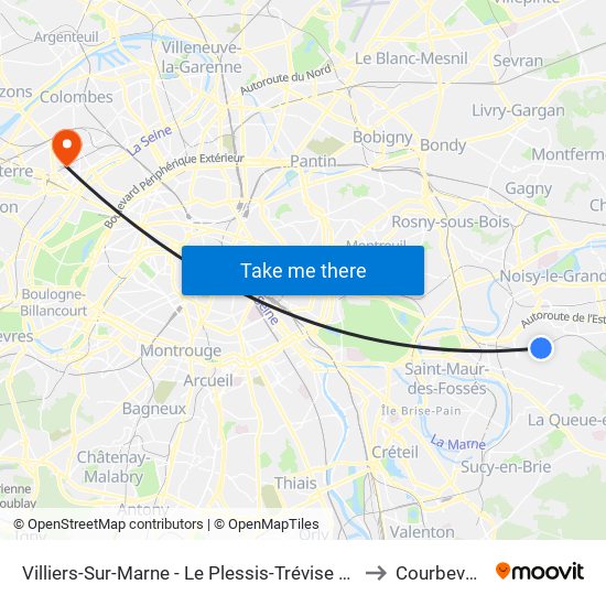 Villiers-Sur-Marne - Le Plessis-Trévise RER to Courbevoie map