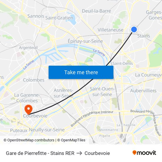 Gare de Pierrefitte - Stains RER to Courbevoie map