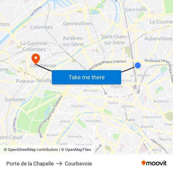 Porte de la Chapelle to Courbevoie map