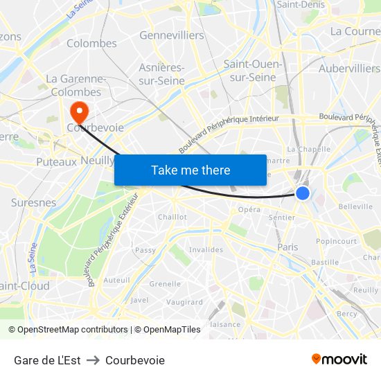 Gare de L'Est to Courbevoie map