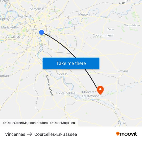 Vincennes to Courcelles-En-Bassee map