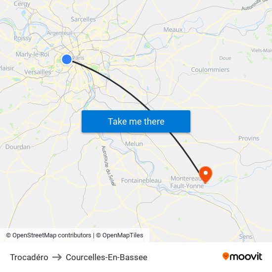 Trocadéro to Courcelles-En-Bassee map