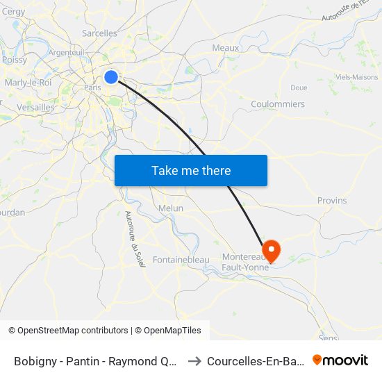 Bobigny - Pantin - Raymond Queneau to Courcelles-En-Bassee map
