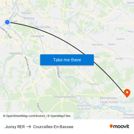 Juvisy RER to Courcelles-En-Bassee map