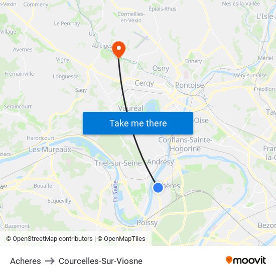 Acheres to Courcelles-Sur-Viosne map