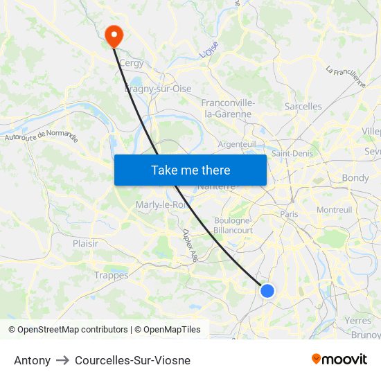 Antony to Courcelles-Sur-Viosne map