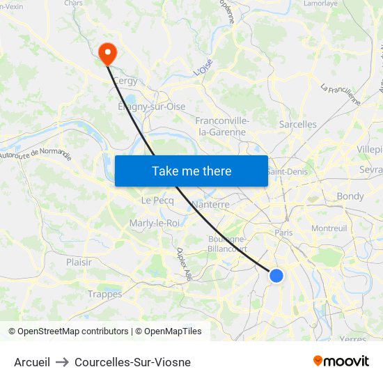 Arcueil to Courcelles-Sur-Viosne map
