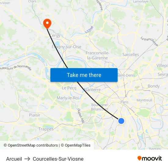 Arcueil to Courcelles-Sur-Viosne map