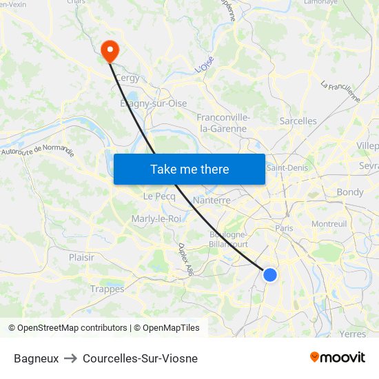 Bagneux to Courcelles-Sur-Viosne map